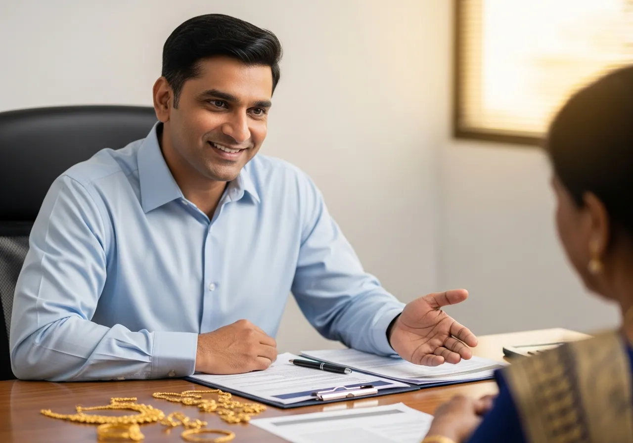 Indian male consultant assisting customer with gold loan release documents at Rithika Gold Kukatpally
