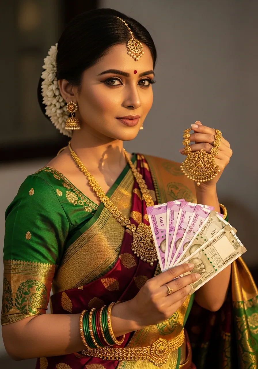 Indian woman in silk saree holding gold jewellery and Indian rupees — sell gold at Rithika Gold Kukatpally Hyderabad