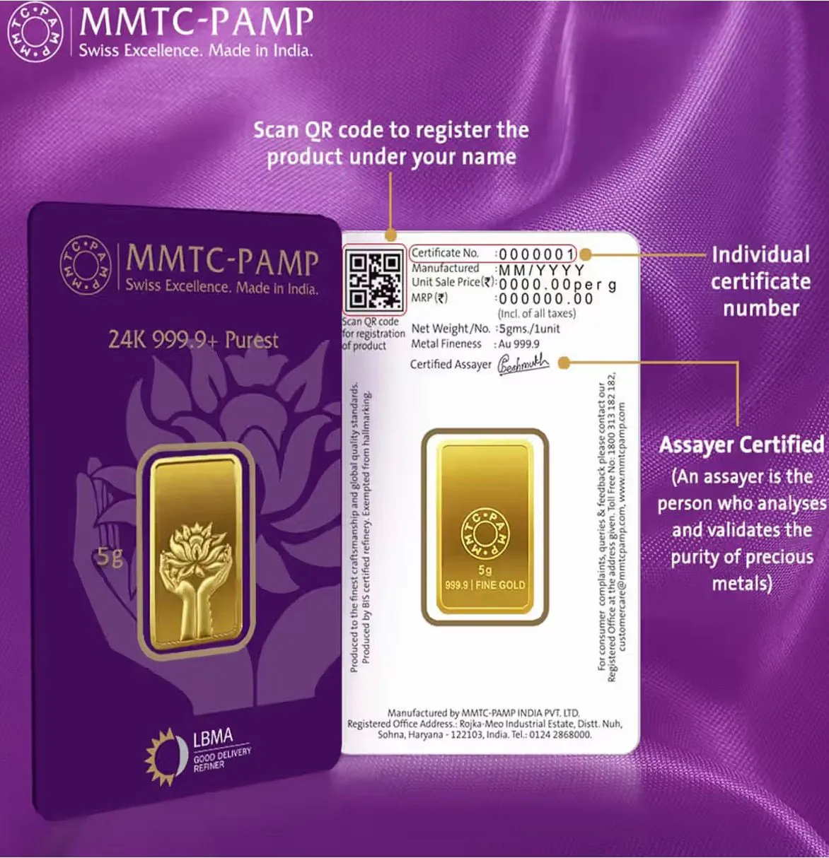 MMTC-PAMP 24K 999.9 fine gold bar with individual certificate number, assayer stamp and QR registration